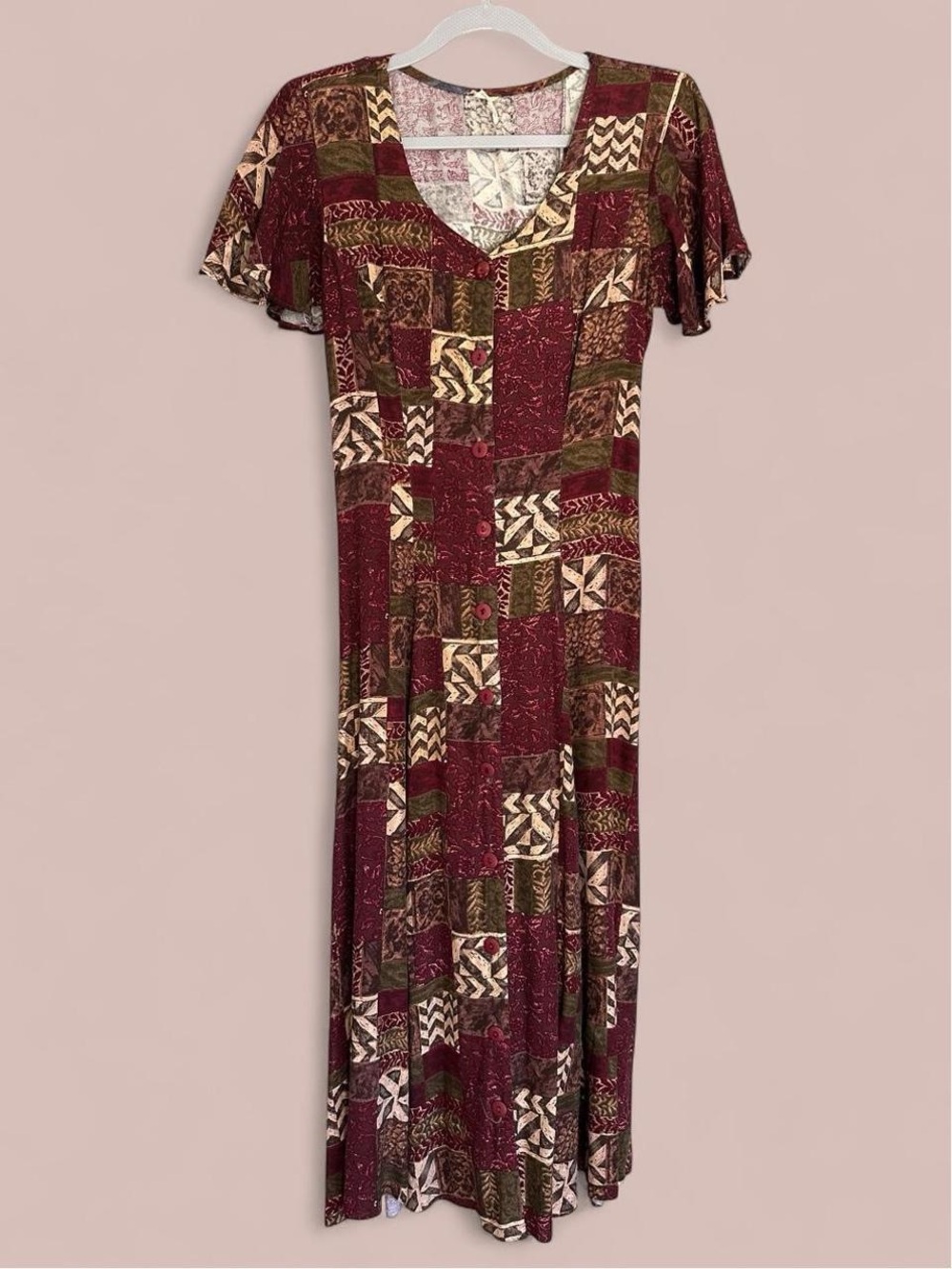 Vintage 90s Patchwork Print Button Front Midi Dress